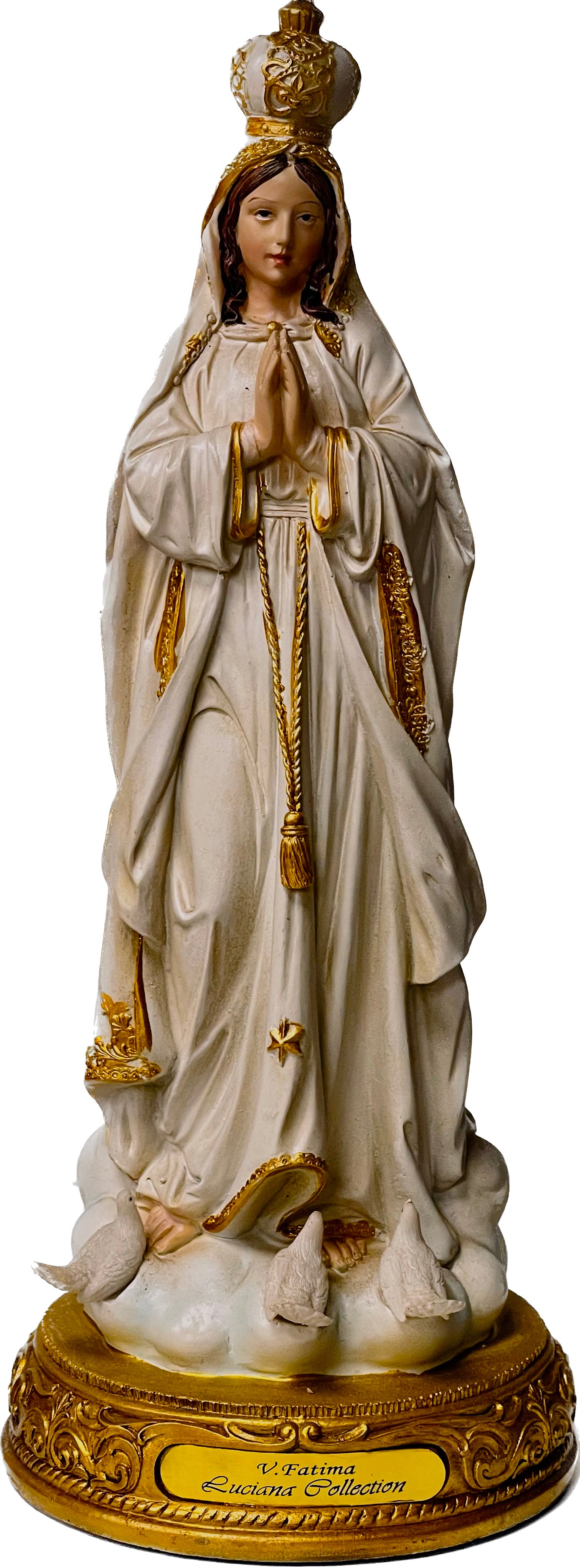 Estatua Virgen Fatima 12 Inches Pedestal De Oro