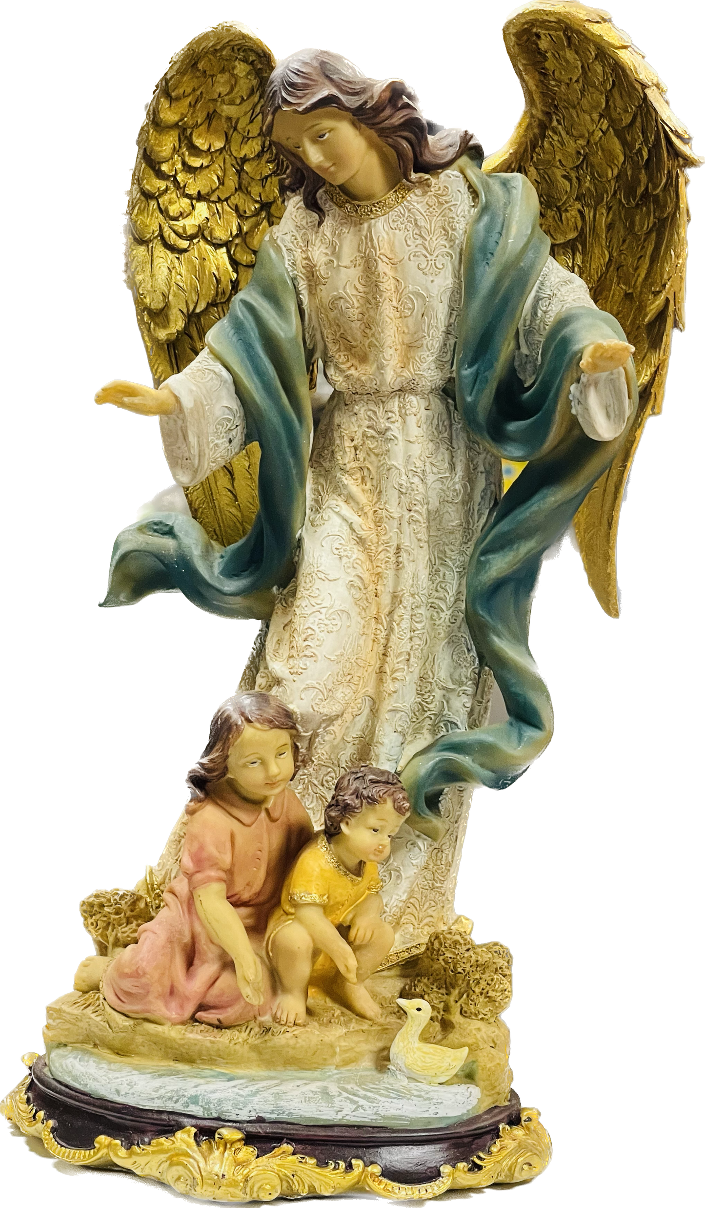 Estatua Angel De La Guarda Pedestal De Madera