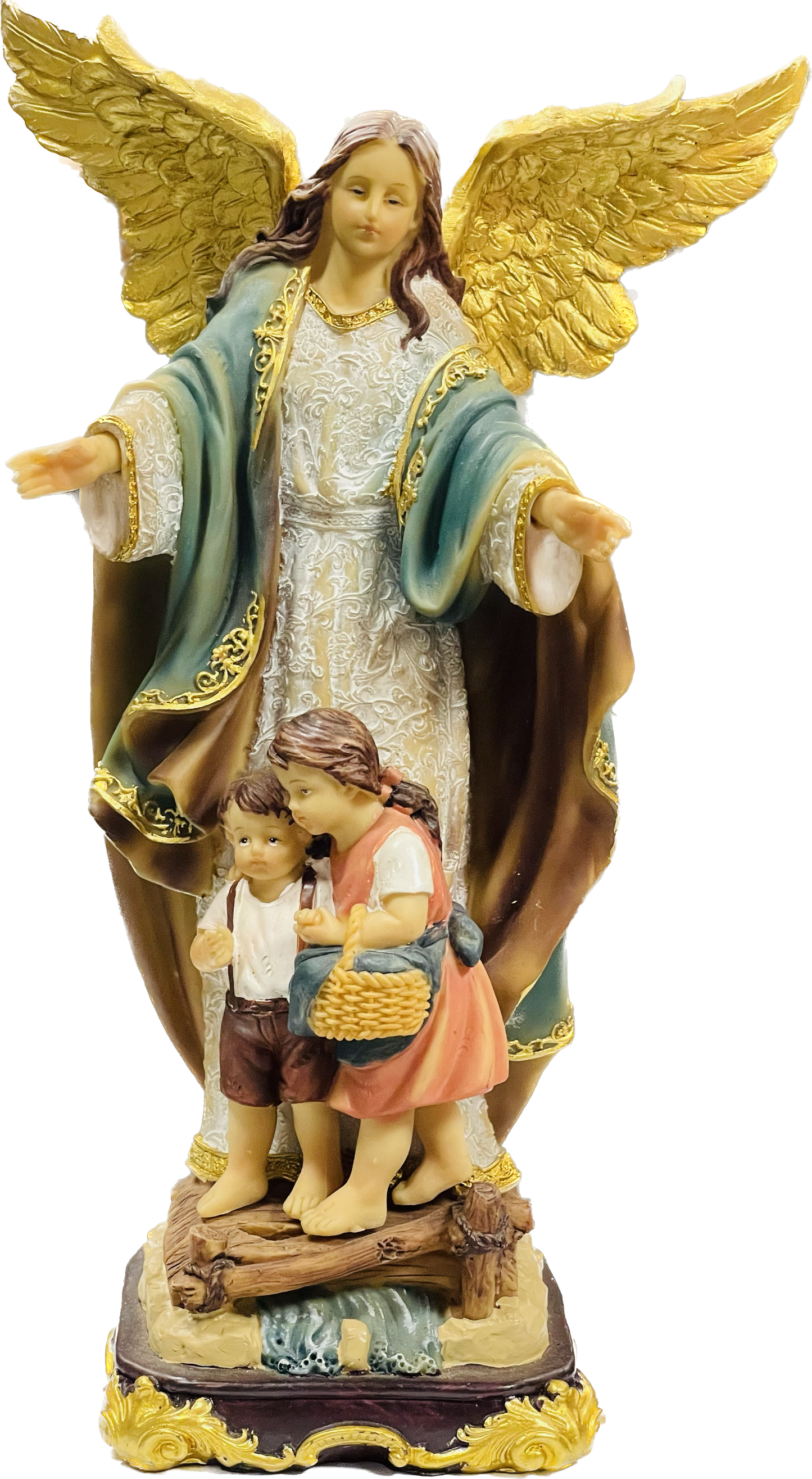 Estatua Angel De La Guarda 12 Inches Pedestal De Madera