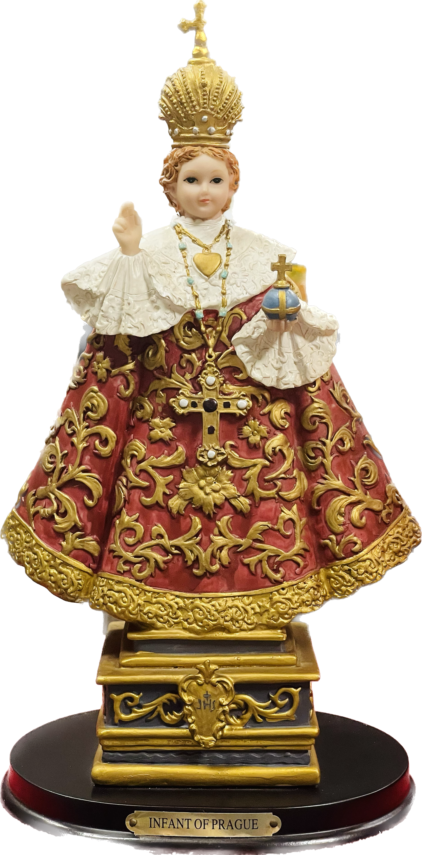 Estatua Niño De Praga 12 Inches En Pedestal De Madera