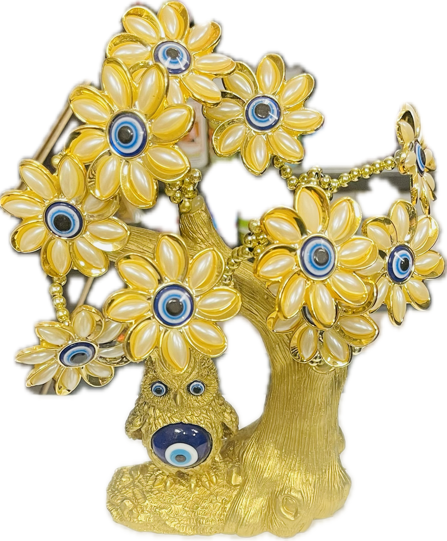 Gold Evil Eye Bonsai Tree With Owl\white Flowers EEM-13