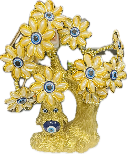 Gold Evil Eye Bonsai Tree With Owl\white Flowers EEM-13