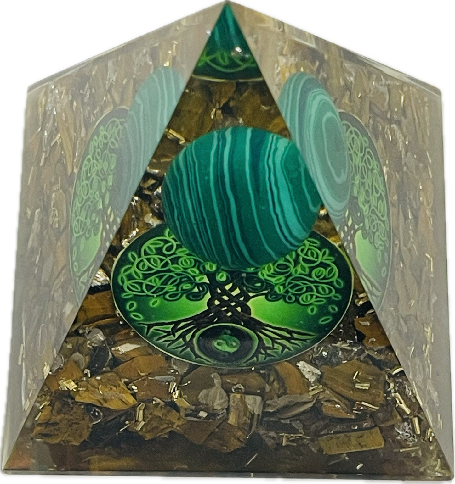 Tiger Eye Orgonite Pyramid With Malachite Sphere