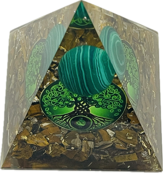 Tiger Eye Orgonite Pyramid With Malachite Sphere