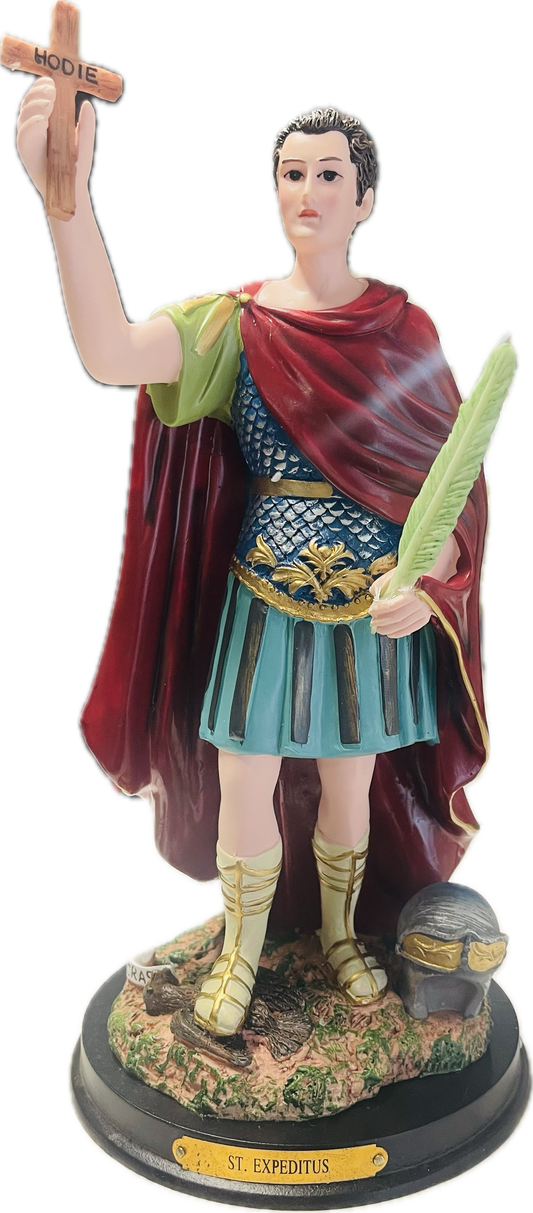 Estatua San Expedito 12 Inches Con Pedestal De Madera