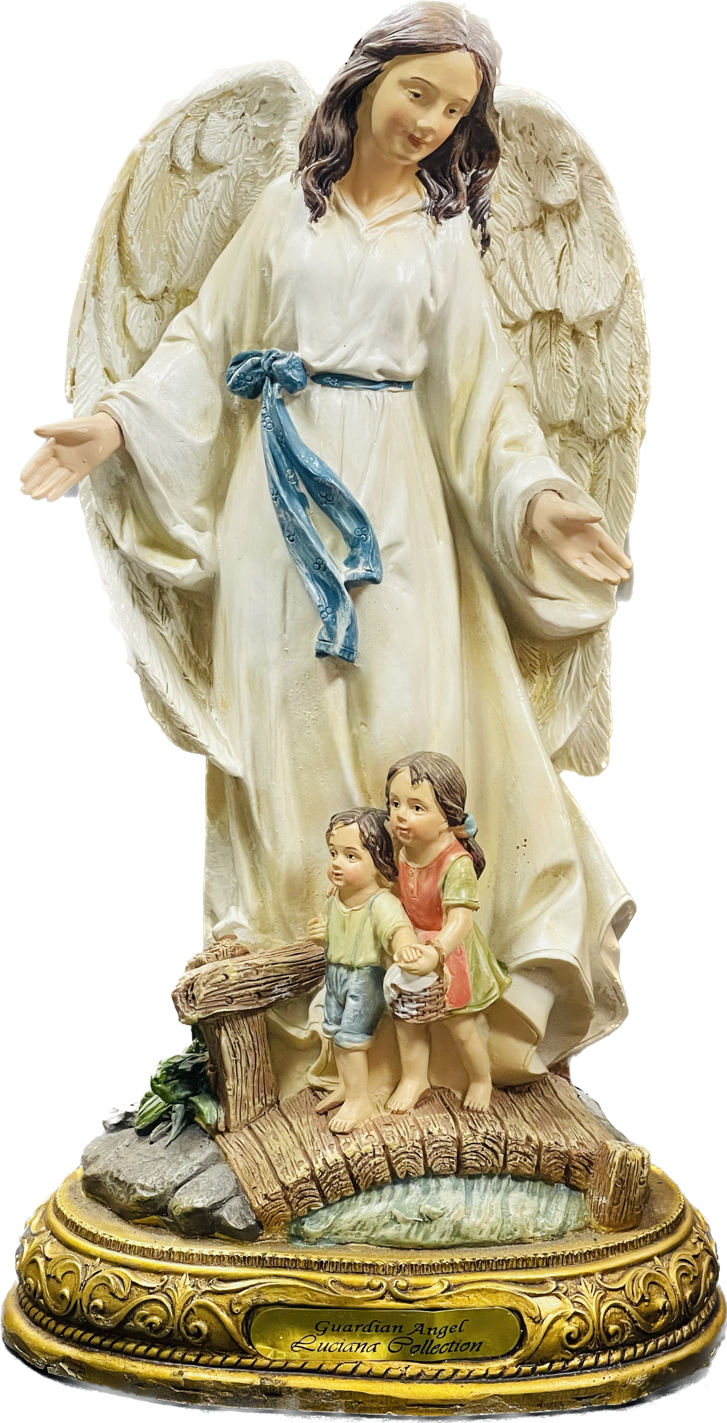 Estatua Angel De La Guardia 12 Inches Pedestal De Oro