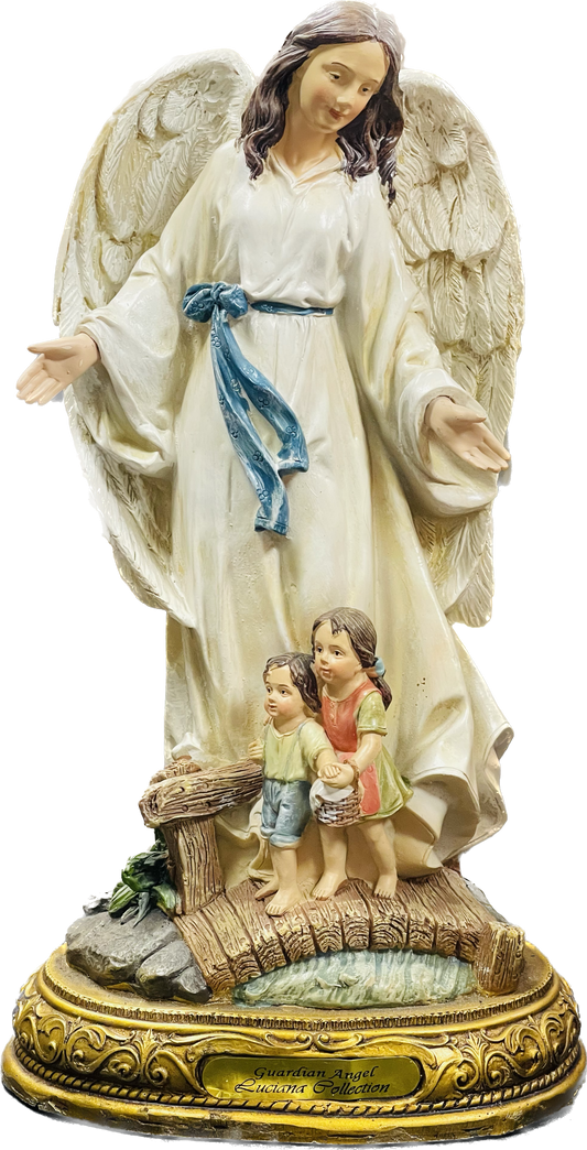 Estatua Angel De La Guardia 12 Inches Pedestal De Oro