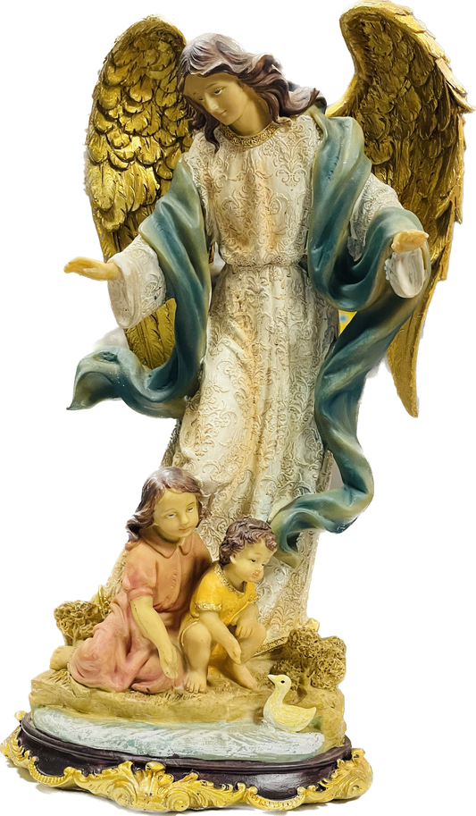 Estatua Angel De La Guarda Pedestal De Madera