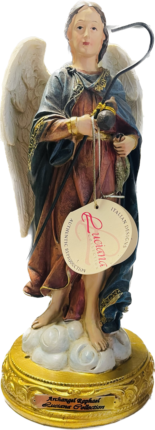 Estatua De Arcangel Raphael/ 12 Inches/ Pedestal De Oro