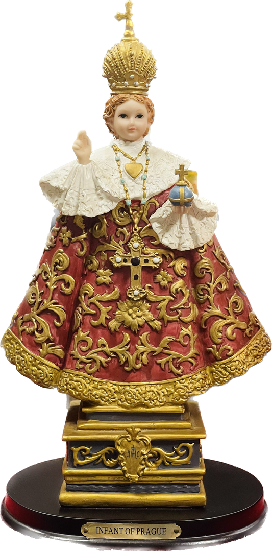 Estatua Niño De Praga 12 Inches En Pedestal De Madera